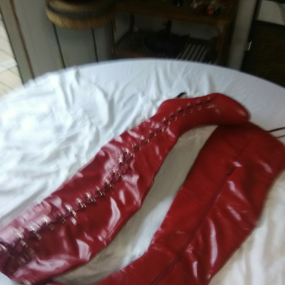 Red thigh high boots